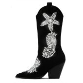 Chic Pointed Toe Heeled Rhinestone Mid-Calf Cowgirl Boots in Black