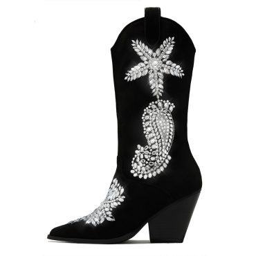 Chic Pointed Toe Heeled Rhinestone Mid-Calf Cowgirl Boots in Black