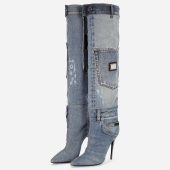 Blue Pointed Toe Stiletto Heel Pocket Over The Knee Denim Boots