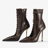 Brown Vintage Vamp Cut Design Lace-Up Ankle Boots with Stiletto Heel