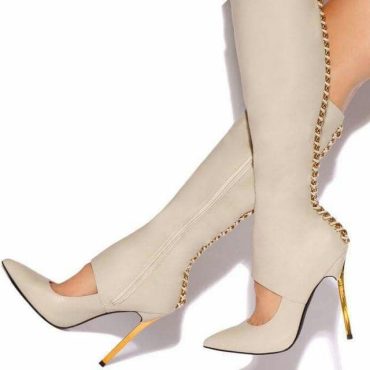 Women's Fashion Cut Out Pointed Toe Chains Knee High Boots in Beige