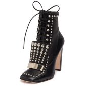 Black Square Toe Lace Up Boots Studded Block Heel Booties for Women