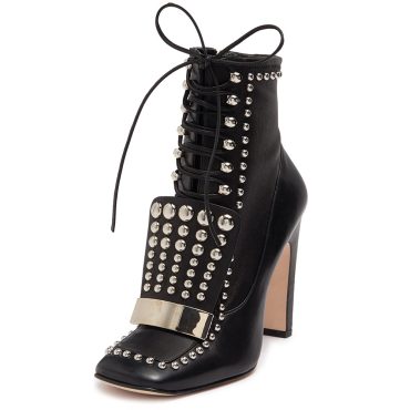 Black Square Toe Lace Up Boots Studded Block Heel Booties for Women