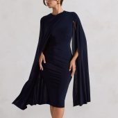 Club L London Blue Marysol Asymmetric  Cape Midi Dress