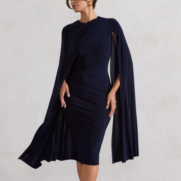 Club L London Blue Marysol Asymmetric  Cape Midi Dress