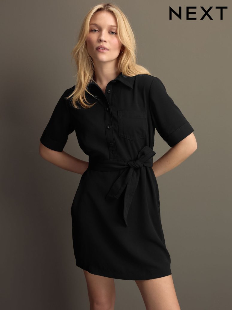 Black Short Sleeve Mini Tie Waist Shirt Dress