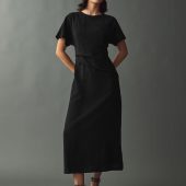 Black Textured Short Sleeve Drape Detail Midi Dress