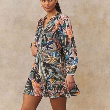 Green/Multicoloured Palm Print Boho Tie Waist Long Sleeve Mini Shirt Dress