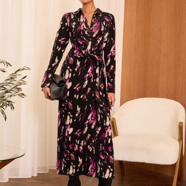 Love & Roses Black Tie Midi Shirt Dress