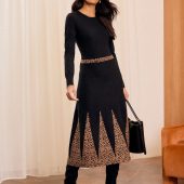 Love & Roses Black Chevron Long Sleeve Knitted Midi Dress