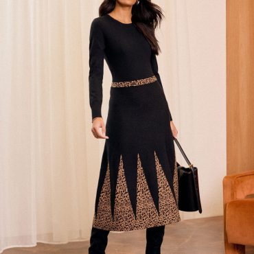 Love & Roses Black Chevron Long Sleeve Knitted Midi Dress