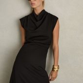 Reiss Black Harlan Twill-Jersey Draped Midi Dress