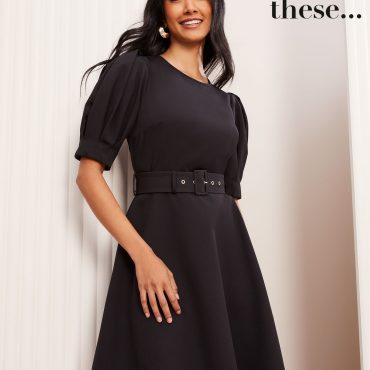 Friends Like These Black Puff Sleeve Tailored Fit and Flare Dress