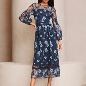 Lipsy Navy Premium Long Sleeve Embroidered Floral Prom Midi Dress