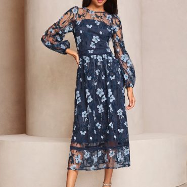 Lipsy Navy Premium Long Sleeve Embroidered Floral Prom Midi Dress