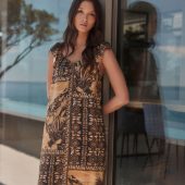 Soft Brown and Black Tile Print V-Neck Ruffle Sleeve Mini Dress with Linen