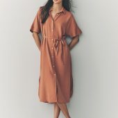 Terracotta Brown Short Sleeve Tie Waist Midi Dress with Linen