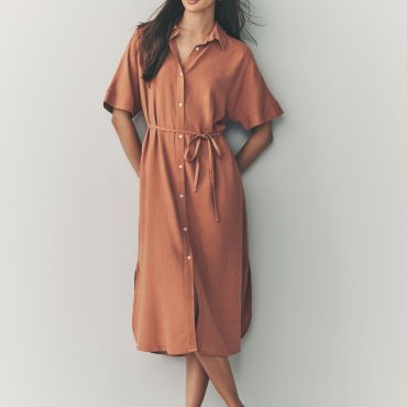 Terracotta Brown Short Sleeve Tie Waist Midi Dress with Linen