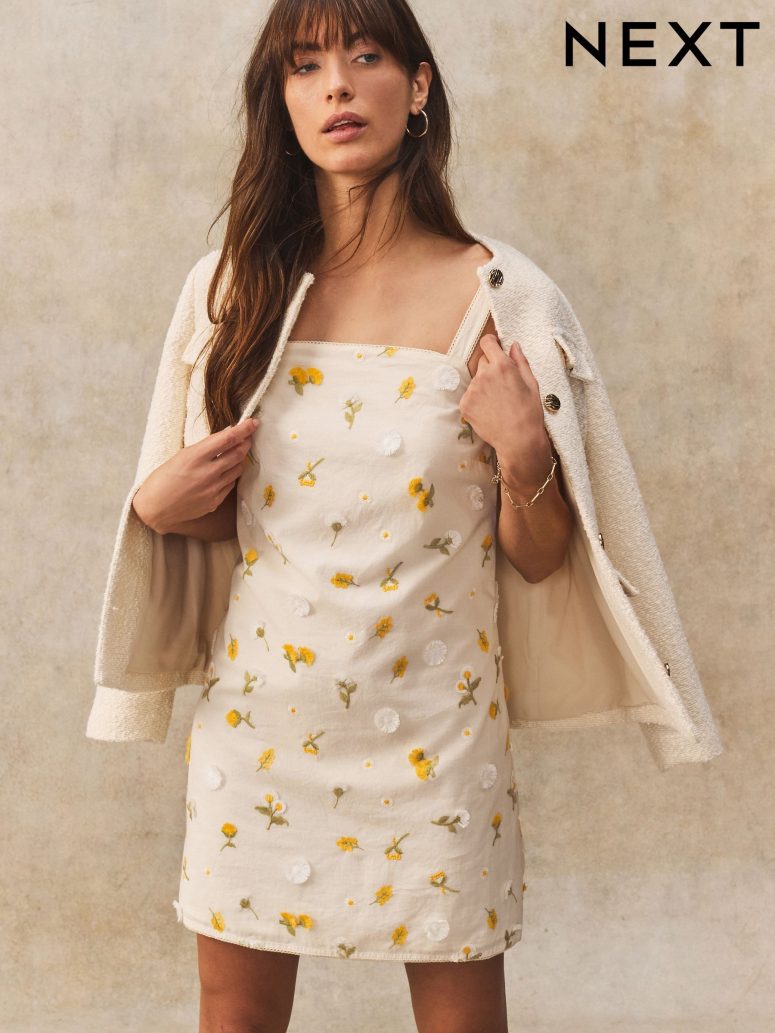 Cream/Yellow Floral Ditsy Print Embroidered 100% Cotton Mini Dress