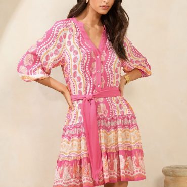 Lipsy Pink Floral Beach 3/4 Sleeve Mini  Shirt Dress