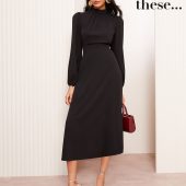 Friends Like These Black High Neck Long Sleeve Midi Dress with Bow Detailing