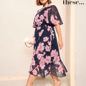 Friends Like These Blue Curve Chiffon Mix Flutter Sleeve Wrap Dress