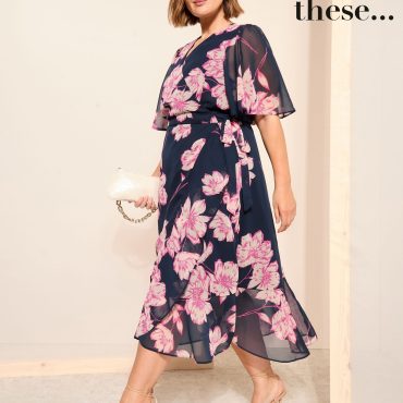 Friends Like These Blue Curve Chiffon Mix Flutter Sleeve Wrap Dress