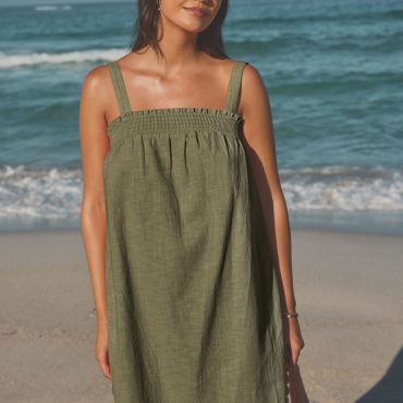 Khaki Green Mini Summer 100% Cotton Dress