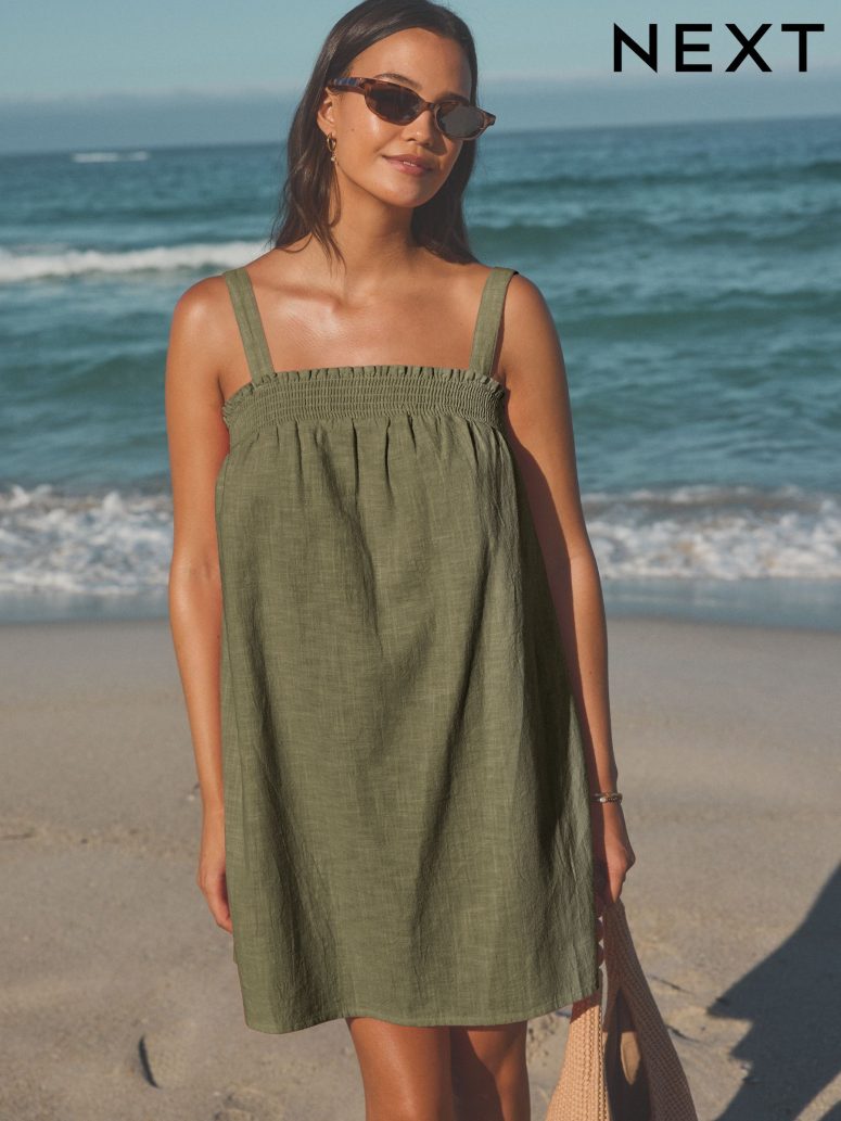 Khaki Green Mini Summer 100% Cotton Dress
