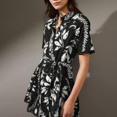 Black/White Mini Broderie Short Sleeve Tie Waist 100% Cotton Shirt Dress