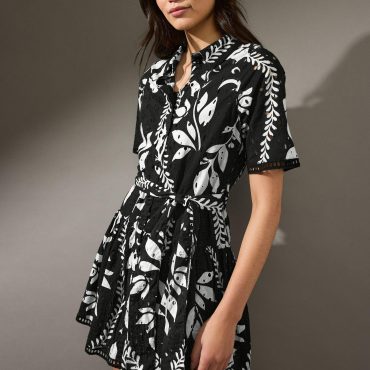 Black/White Mini Broderie Short Sleeve Tie Waist 100% Cotton Shirt Dress