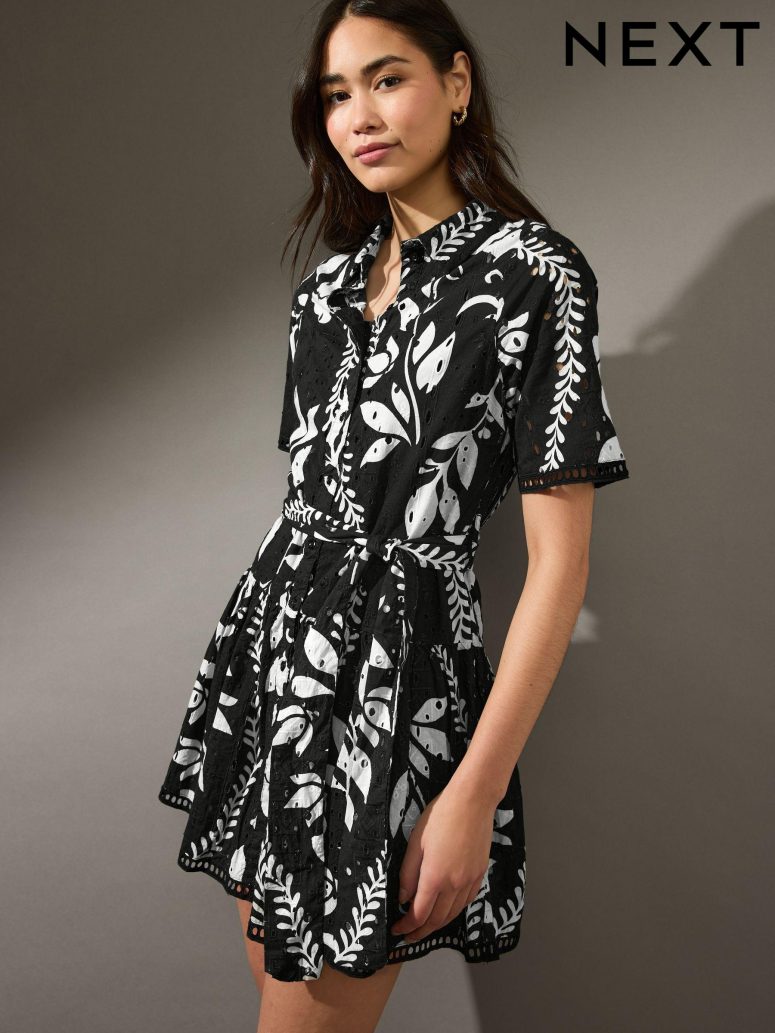 Black/White Mini Broderie Short Sleeve Tie Waist 100% Cotton Shirt Dress