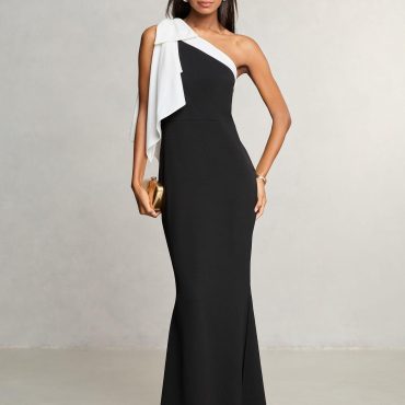 Lipsy Black/White One Shoulder Bow Maxi Dress
