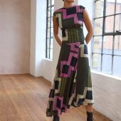 Green/Pink Geo Print Mesh Midi Short Sleeve Asymetric Hem Dress