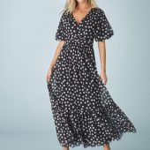 Black White Polka Dot Print Mesh Pleated Puff Sleeve Waist Detail Occasion Midi Dress