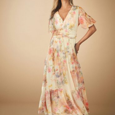 Off White Smudge Floral Print Mesh Pleated Puff Sleeve Waist Detail Occasion Midi Dress