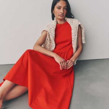 Red Woven Jersey Mix Sleeveless Racer Ribbed Midi Dress