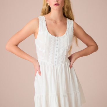 White Embroidery Corset Waist Mini 100% Cotton Dress
