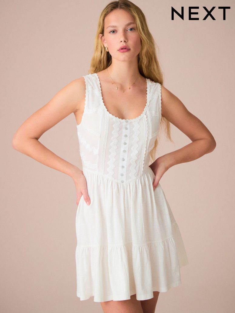 White Embroidery Corset Waist Mini 100% Cotton Dress