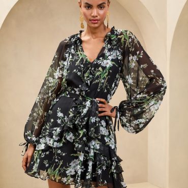 Lipsy Black V-Neck Ruffle Mini Shift Dress