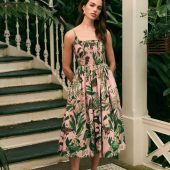 Kew Collection Light Pink Floral Square Neck Shired 100% Cotton Poplin Midi Dress