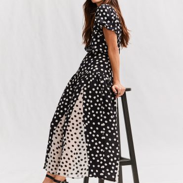 Mono Spot Short Sleeve Crew Neck Spliced Midi Dress