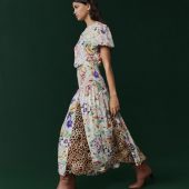 Pink Floral and Brown Leopard Print Short Sleeve Crew Neck Spliced Midi Dress