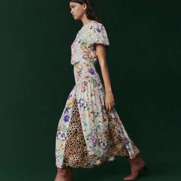 Pink Floral and Brown Leopard Print Short Sleeve Crew Neck Spliced Midi Dress