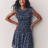 Blue Paisly Print Mesh Asymetric Short Sleeve Mini Dress