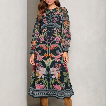 Lipsy Black Leopard Print Long Sleeve Woven Underbust Midi Dress