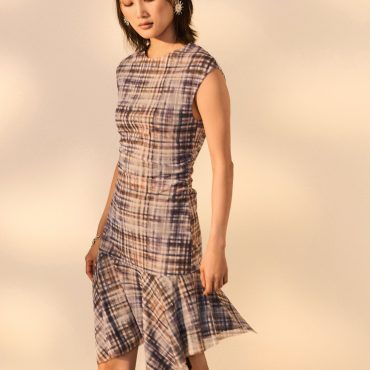 Light Blue Check Mesh Asymetric Short Sleeve Mini Dress