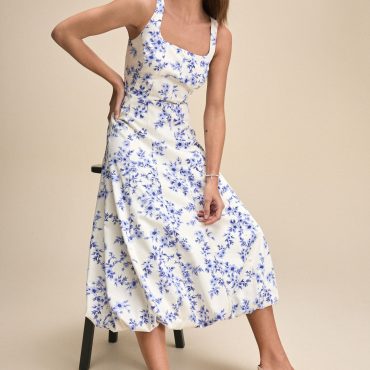 White/Blue Floral Square Neck Puff Hem Midi Dress