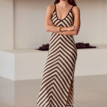 Black/White Stripe Crochet Strappy Midi Dress