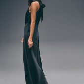 Navy Blue Textured Satin Halter Sleeveless Midi Dress